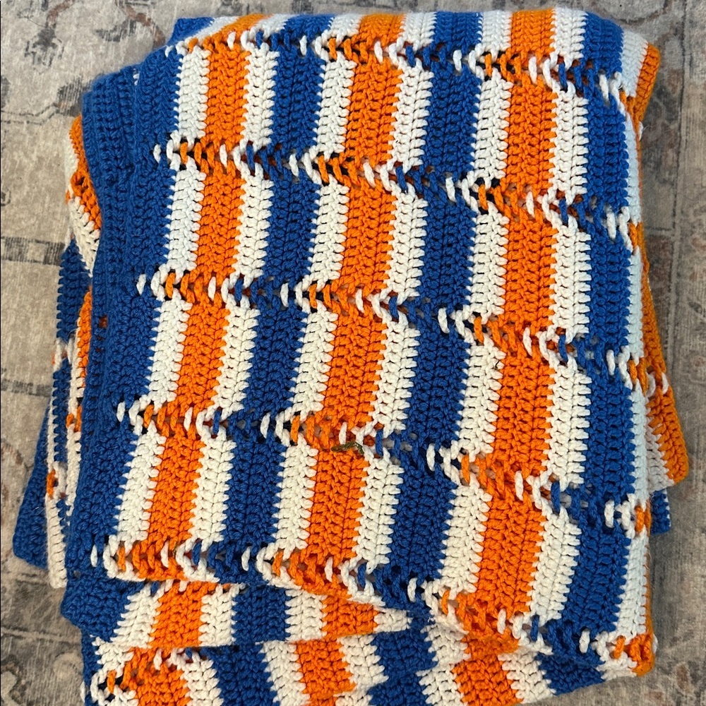 Handmade Crochet University of Floral Orange, White, and Blue stripe Bed Spread